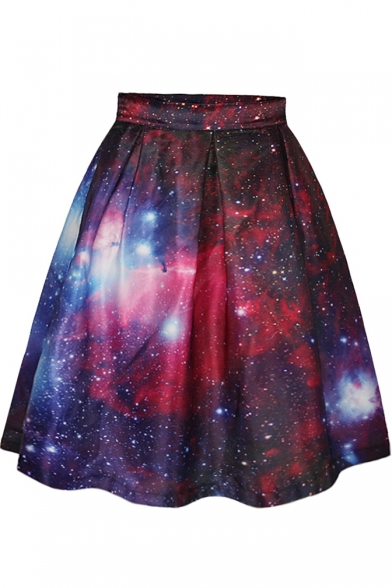 Red Galaxy Print Tie Dye A-Line Skirt